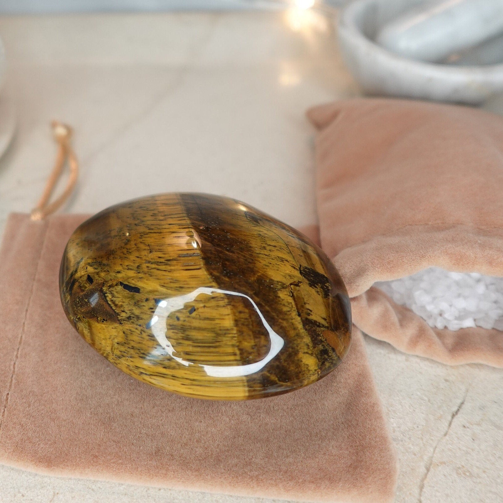 Tiger Eye Natural Medium Palm Stone Smooth Polished Carved Crystal for Distraction from Anxiety Christmas Xmas Home Decor