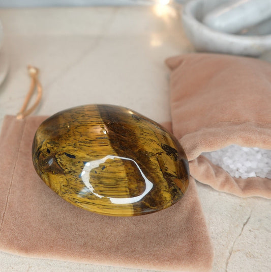 Tiger Eye Natural Medium Palm Stone Smooth Polished Carved Crystal for Distraction from Anxiety Christmas Xmas Home Decor
