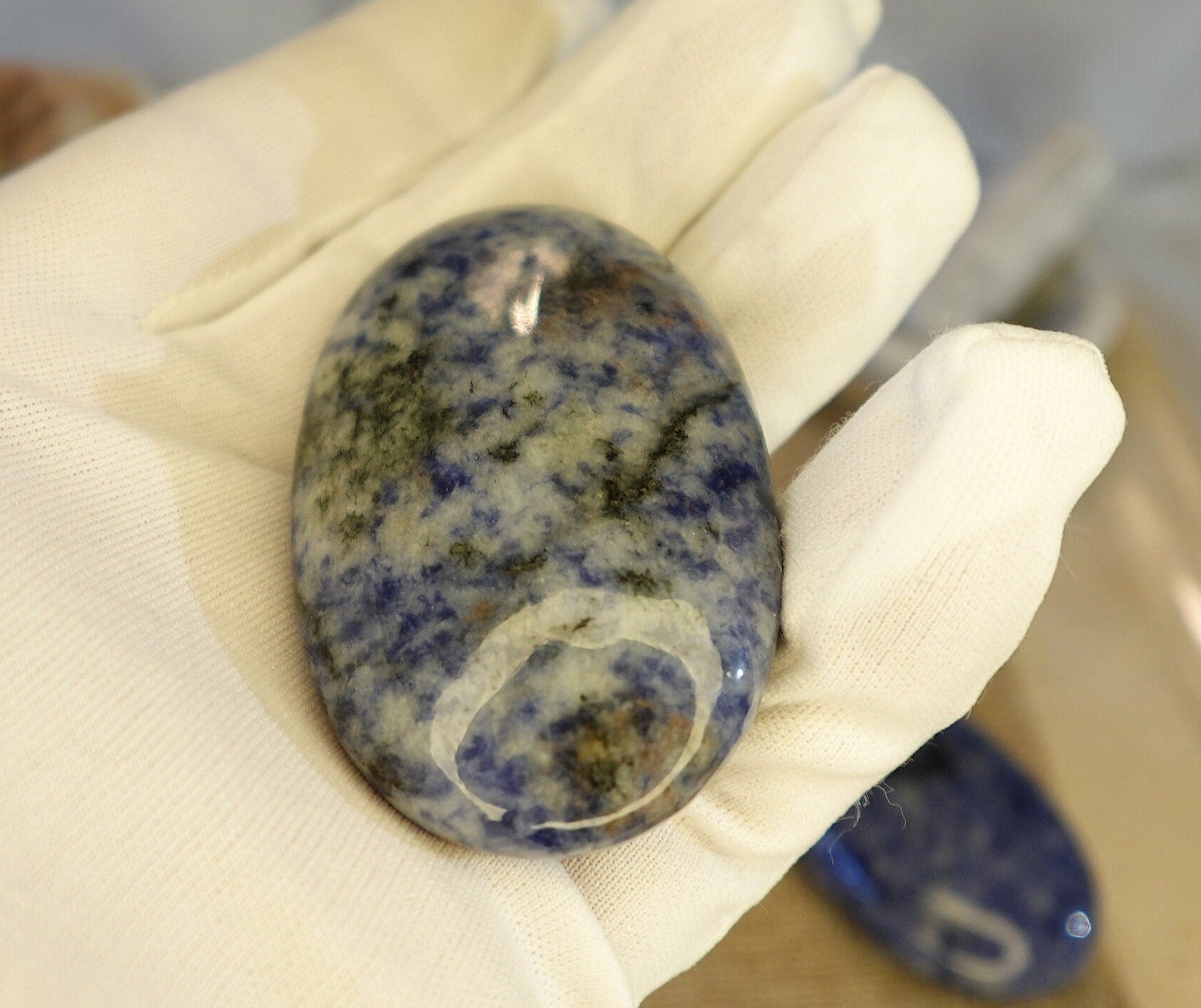 Blue Spot Jasper Natural Palm Stone Smooth Polished Carved Crystal for