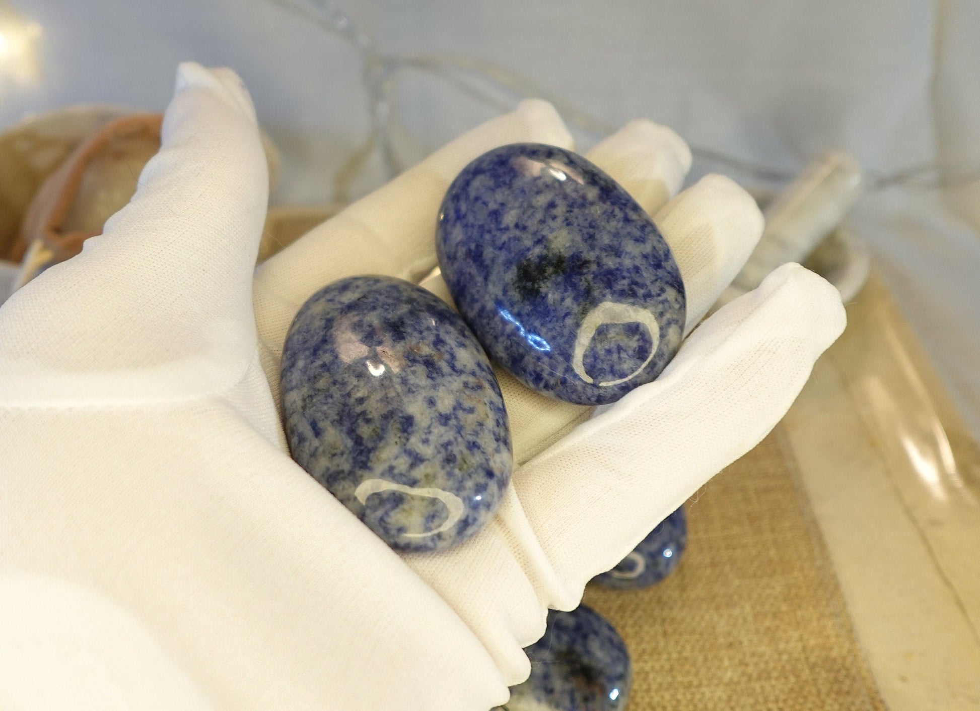 Blue Spot Jasper Natural Palm Stone Smooth Polished Carved Crystal for