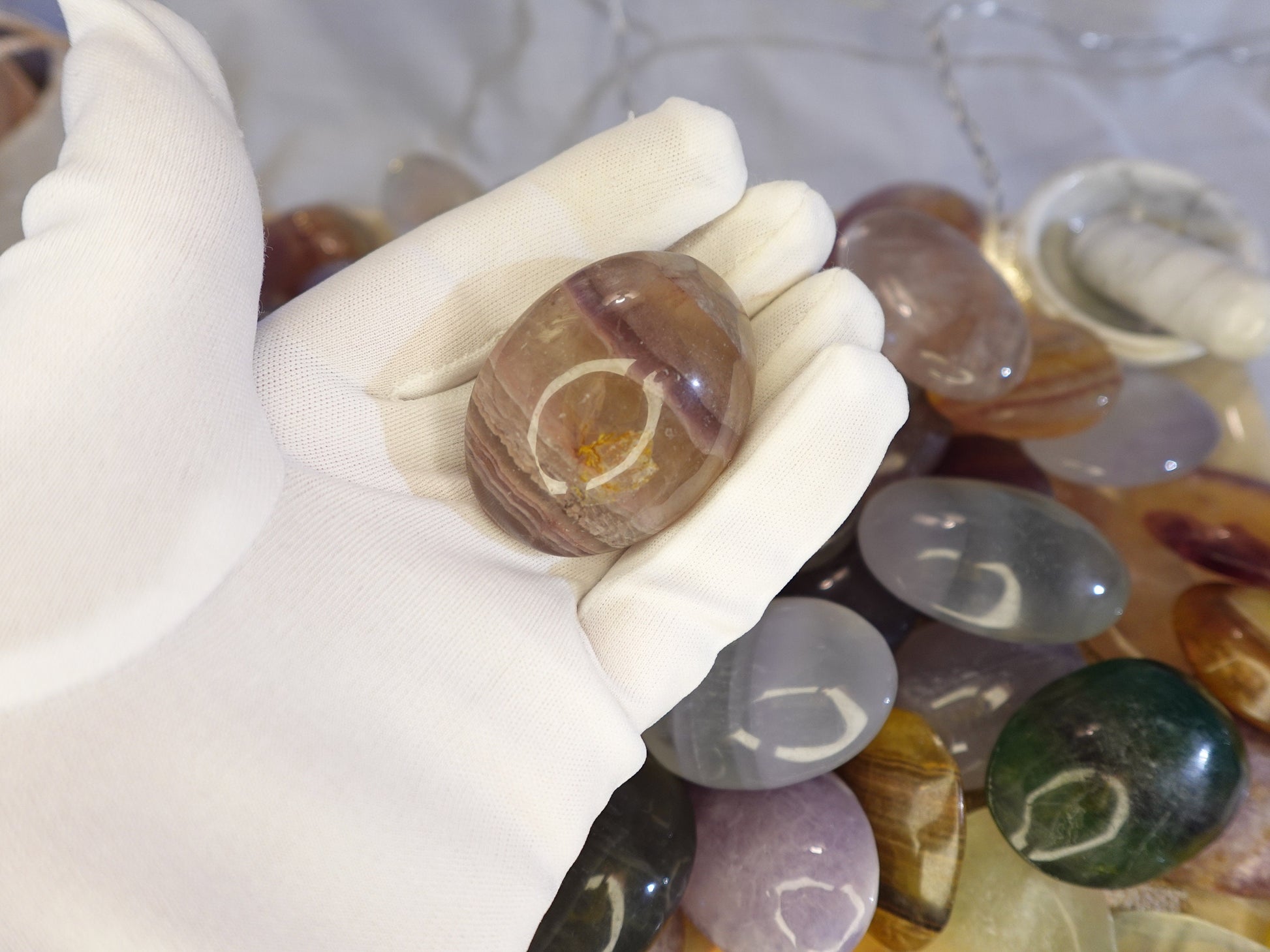 Rainbow Candy Fluorite Natural Palm Stone Smooth Polished Carved Crystal for Distraction from Anxiety or Worry Home Decor Holiday Xmas