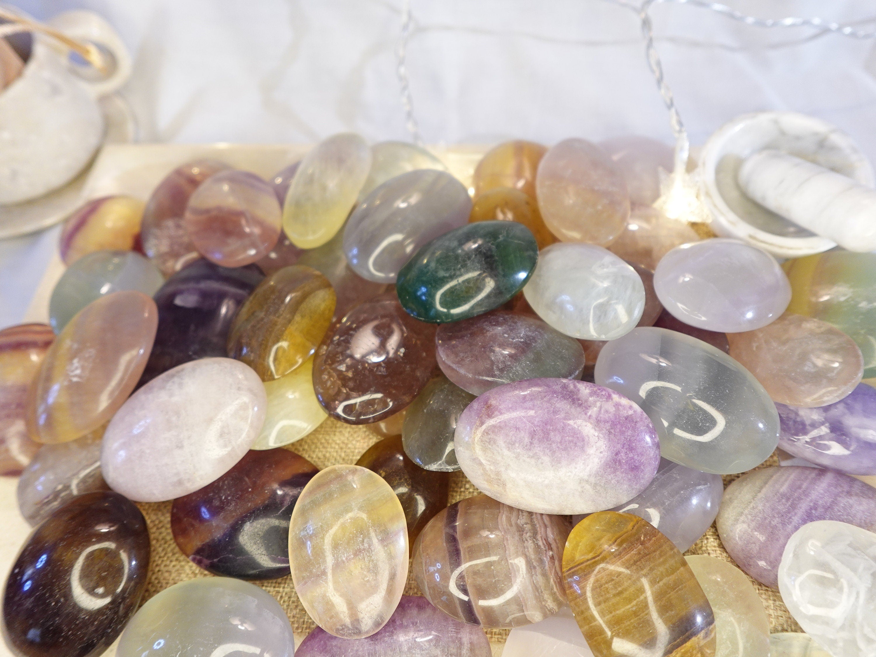 Rainbow Candy Fluorite Natural Palm Stone Smooth Polished Carved Crystal for Distraction from Anxiety or Worry Home Decor Holiday Xmas
