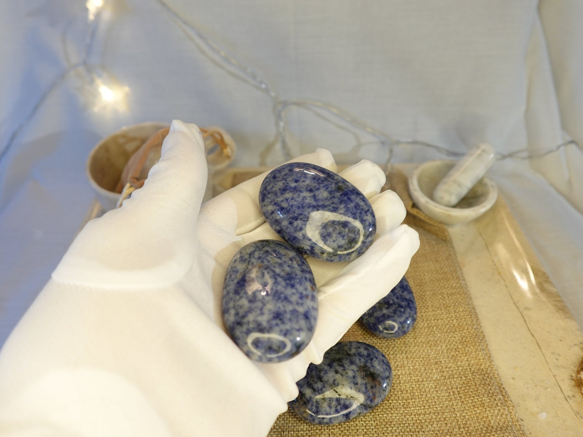 Blue Spot Jasper Natural Palm Stone Smooth Polished Carved Crystal for