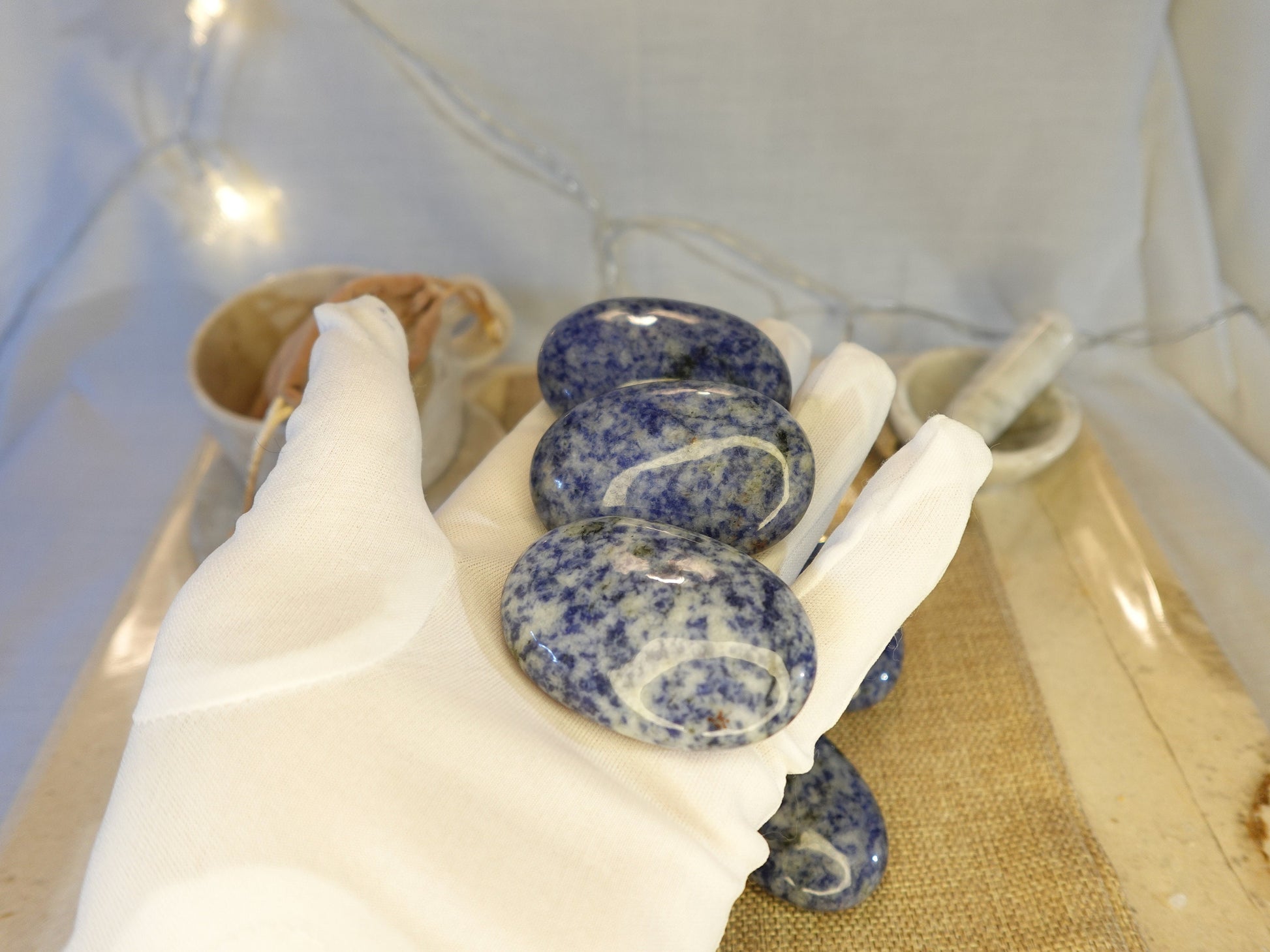 Blue Spot Jasper Natural Palm Stone Smooth Polished Carved Crystal for