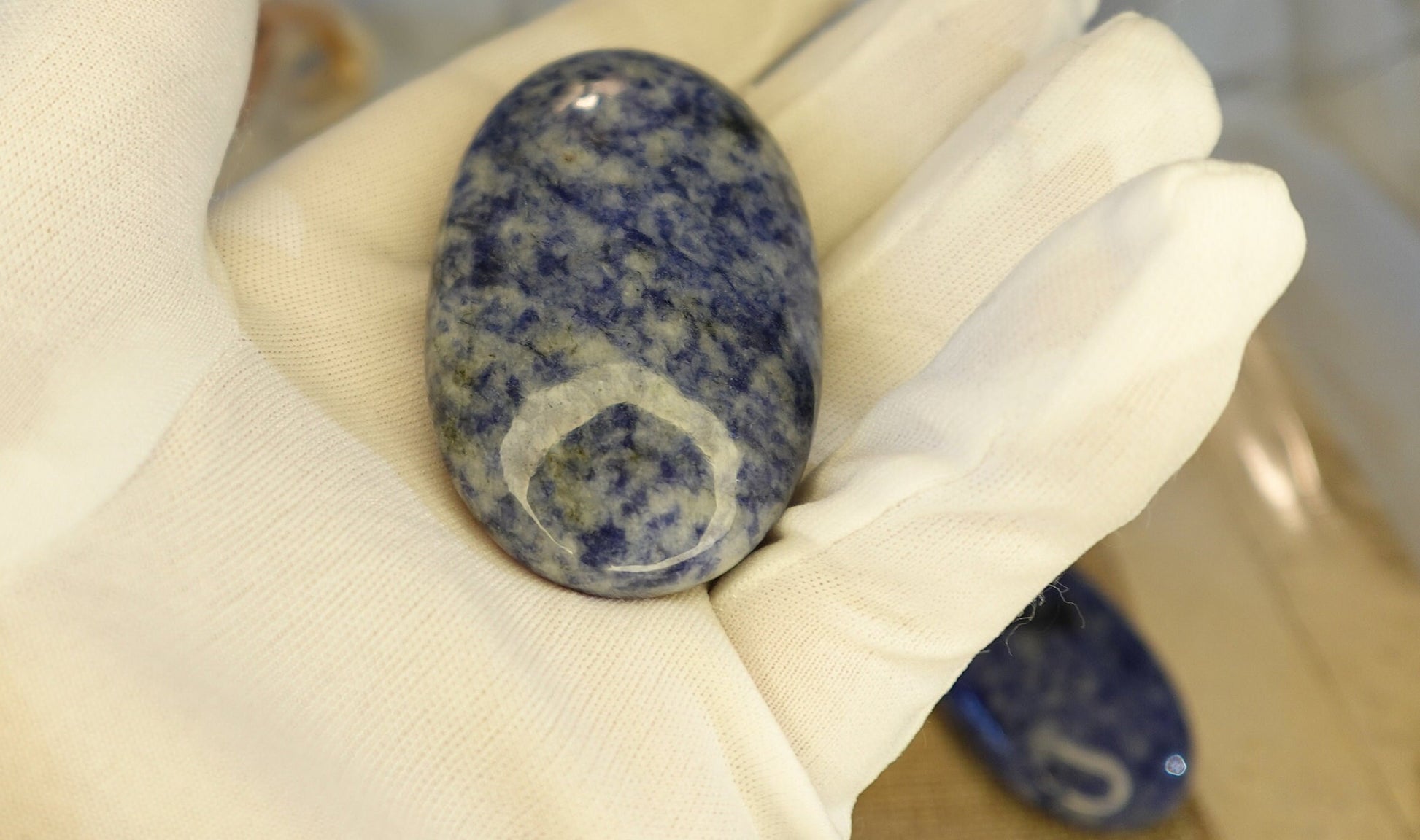 Blue Spot Jasper Natural Palm Stone Smooth Polished Carved Crystal for