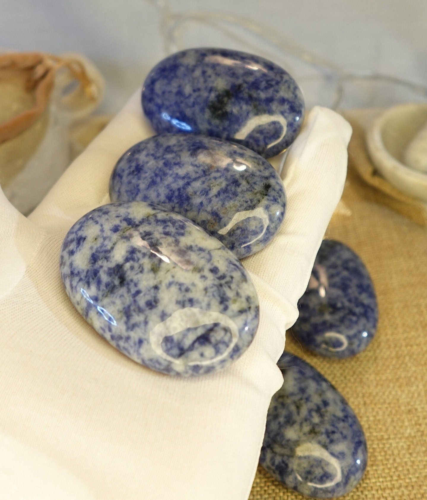Blue Spot Jasper Natural Palm Stone Smooth Polished Carved Crystal for