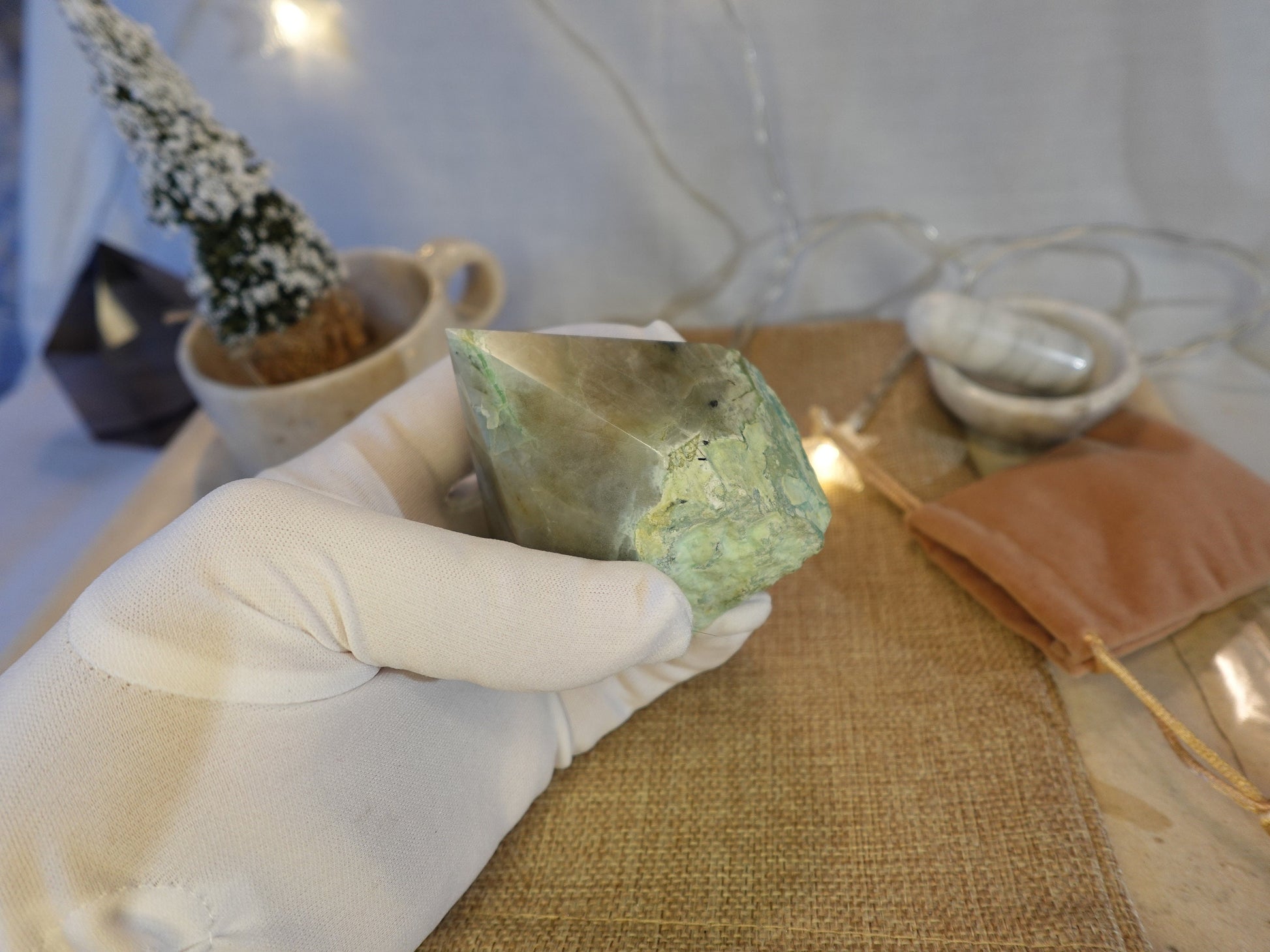 12.3 oz Green Moonstone Carved Anxiety Crystal Polished Raw Stone Meditation Panic Home Decor Garden Christmas Xmas Gift