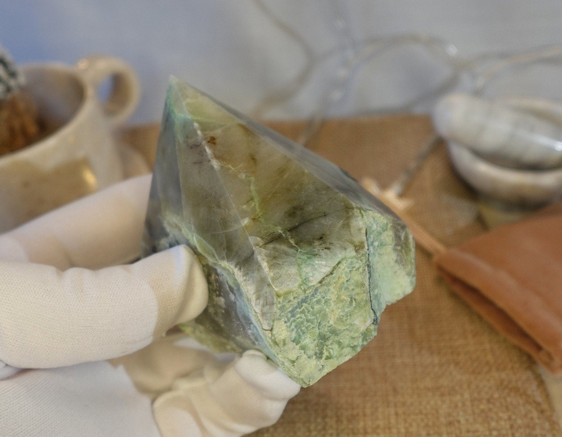 12.3 oz Green Moonstone Carved Anxiety Crystal Polished Raw Stone Meditation Panic Home Decor Garden Christmas Xmas Gift