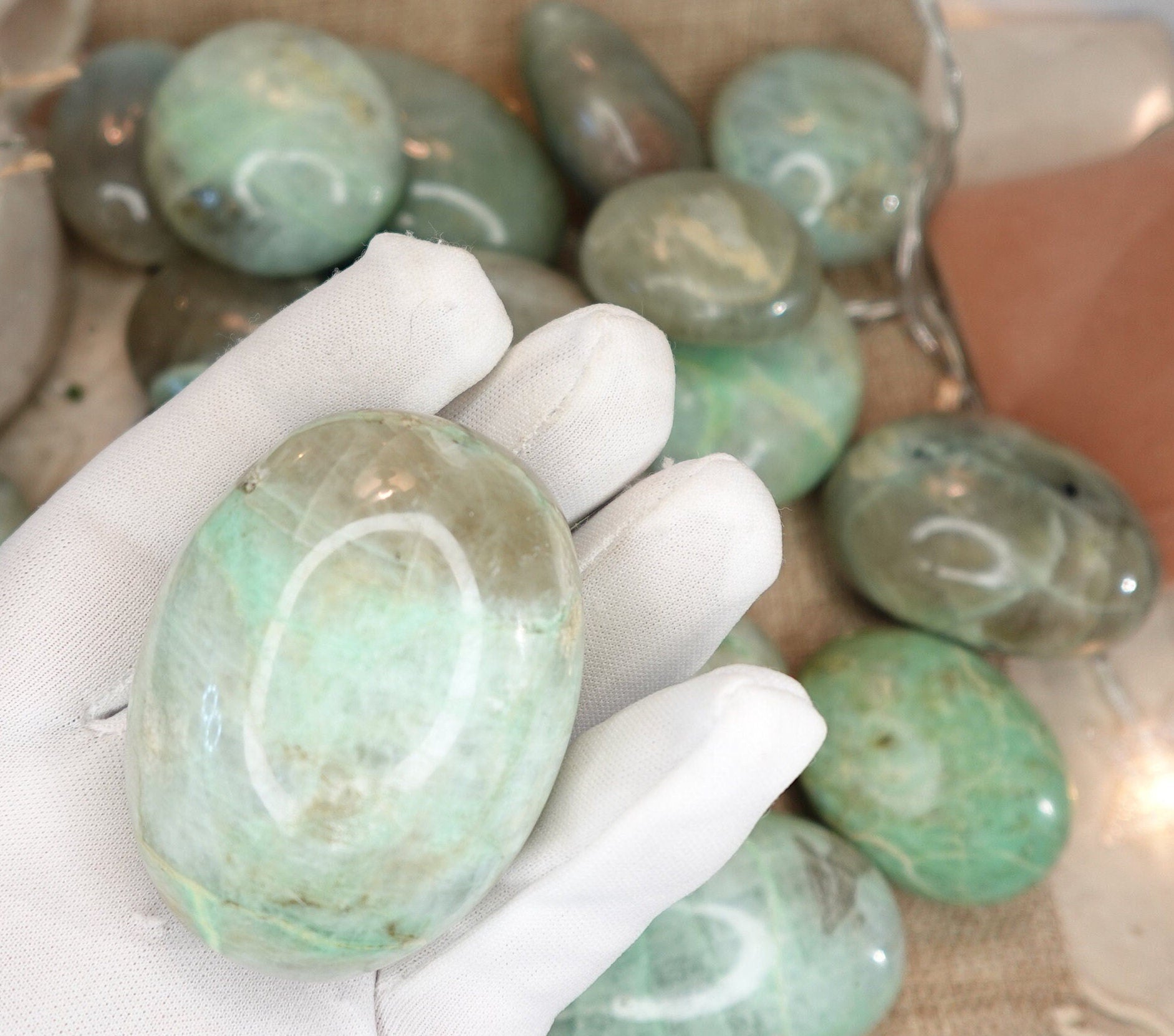 Green Moonstone Natural Full Sized Palm Stone Smooth Polished Carved Crystal for Home Decor Birthday Christmas Xmas Gift Pocket Anxiety