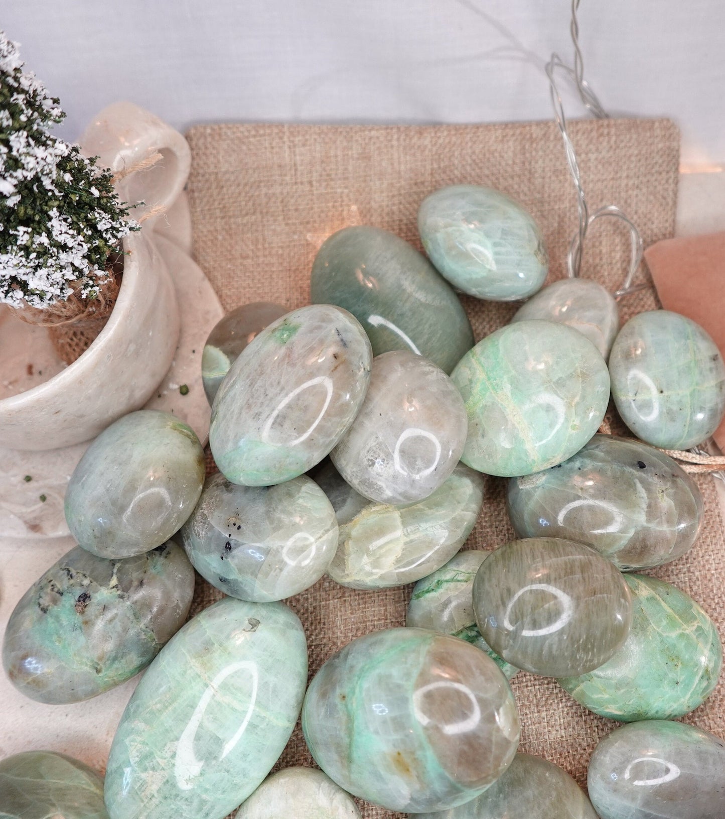 Green Moonstone Palm Stone: Polished Carved Crystal for Anxiety Relief