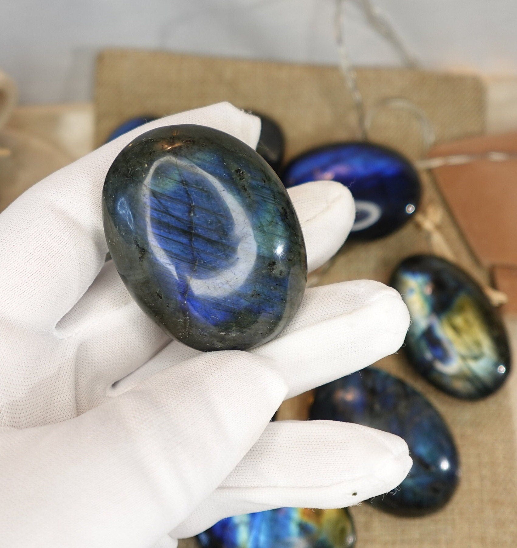 Labradorite Natural Palm Stone Smooth Polished Carved Crystal for Distraction
