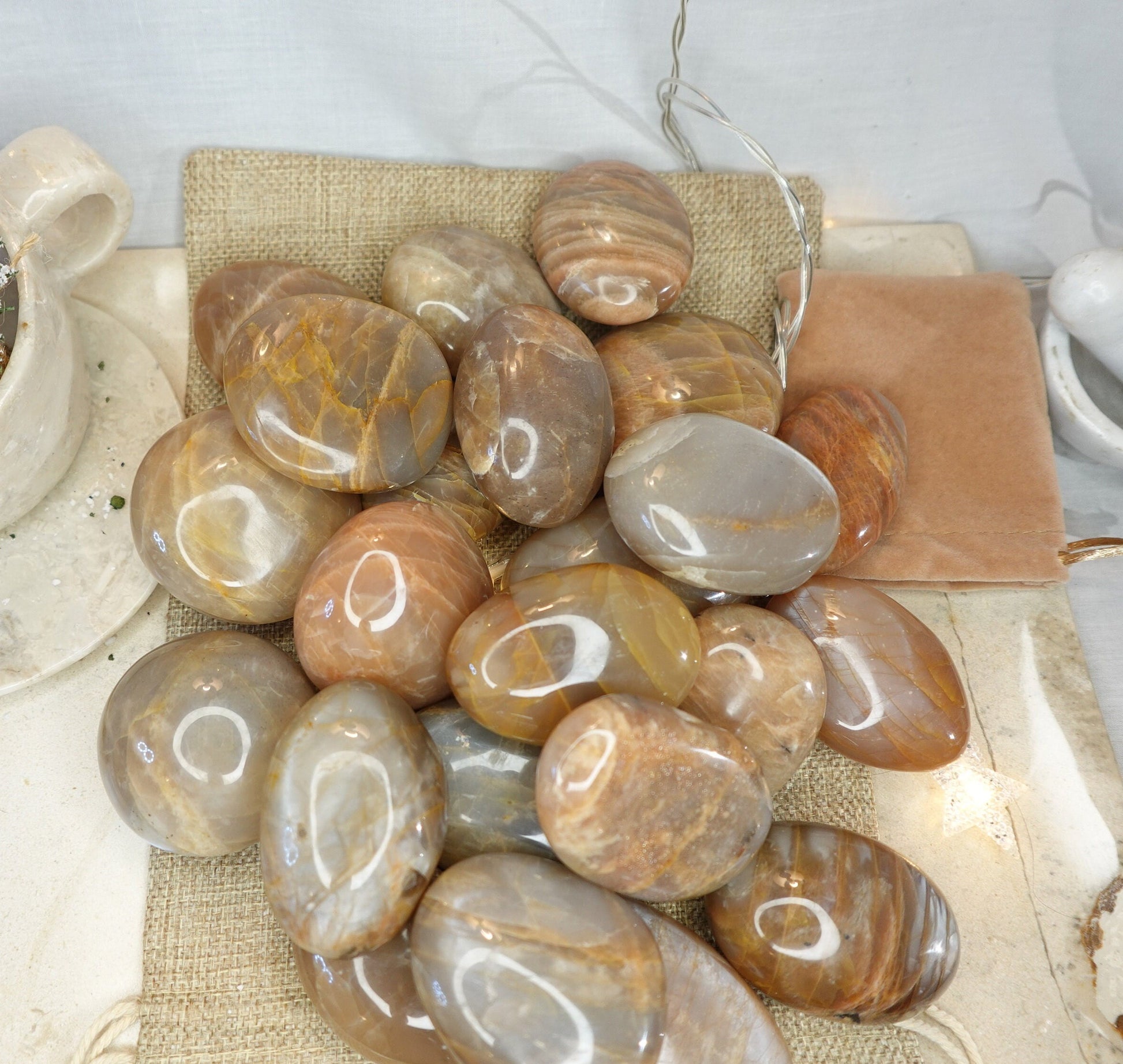 Peach Moonstone Natural Palm Stone Smooth Polished Carved Crystal for Birthday Crystal Christmas Home Decor Gift Gemstone