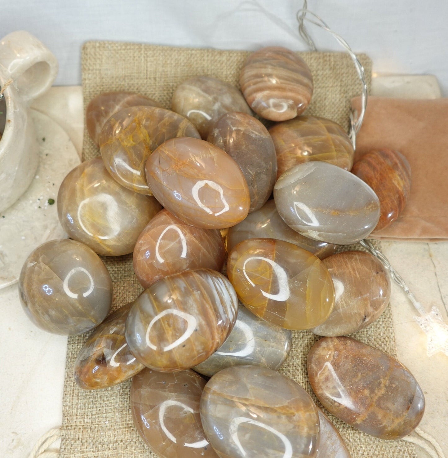 Peach Moonstone Natural Palm Stone Smooth Polished Carved Crystal for Birthday Crystal Christmas Home Decor Gift Gemstone