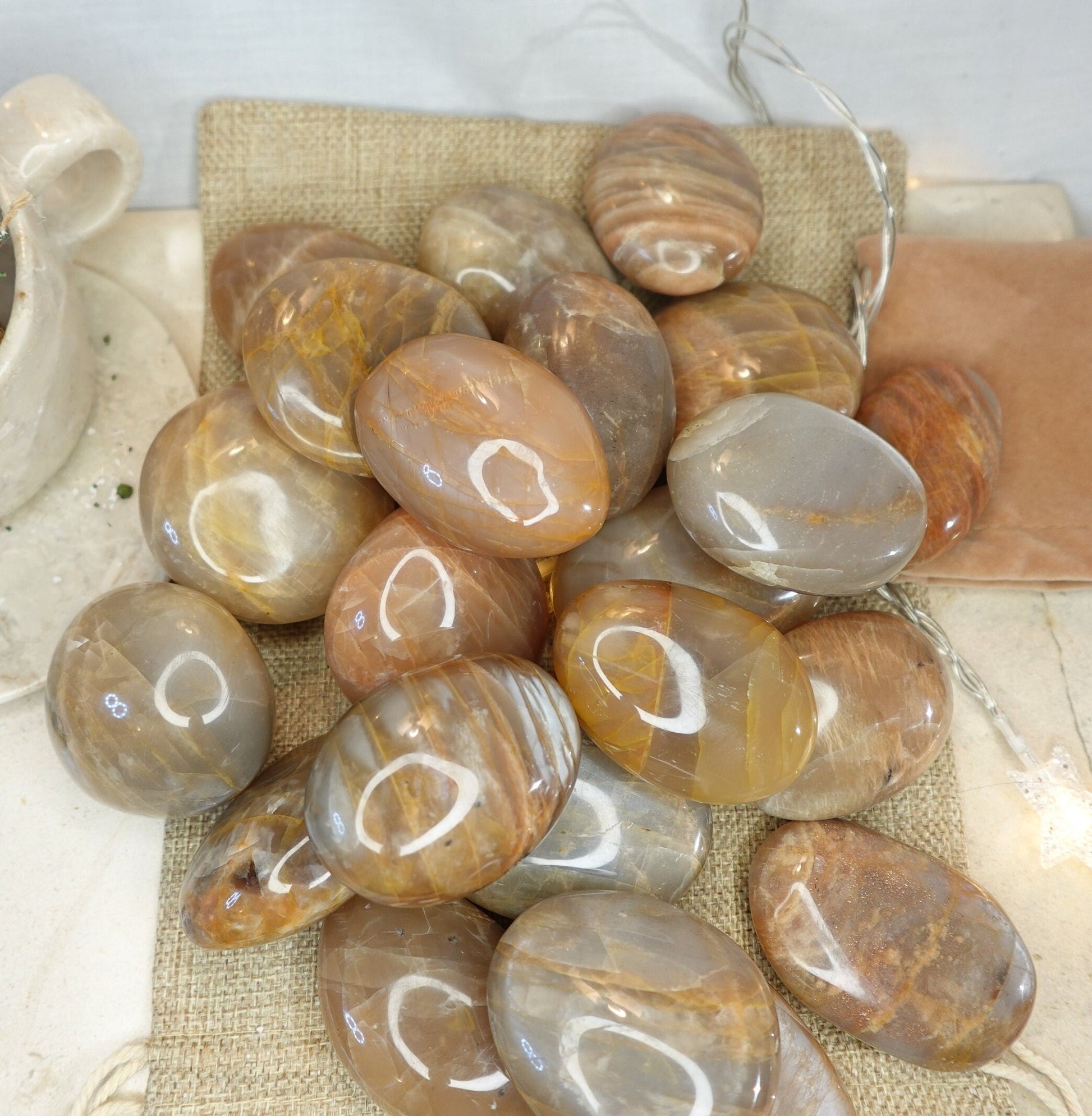 Peach Moonstone Natural Palm Stone Smooth Polished Carved Crystal for Birthday Crystal Christmas Home Decor Gift Gemstone