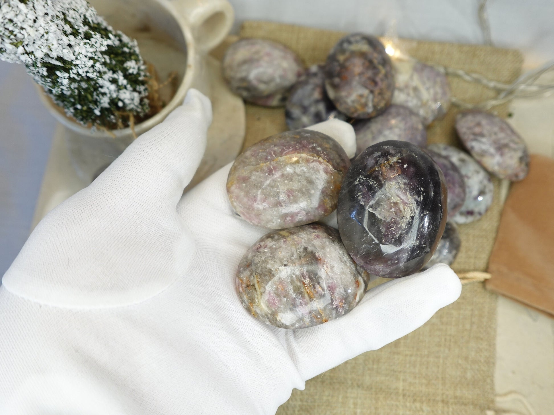 Pink Tourmaline Natural Palm Stone Smooth Polished Carved Crystal for Christmas Decor Gift Home