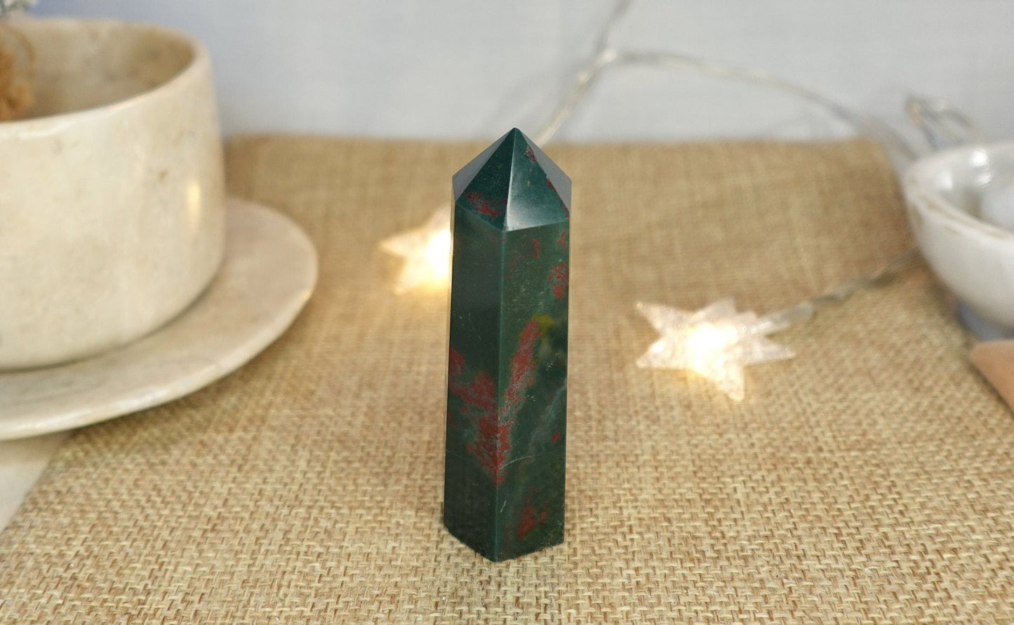 Polished Sea Jasper Tower: Green, Gold, and Red Crystal Decor