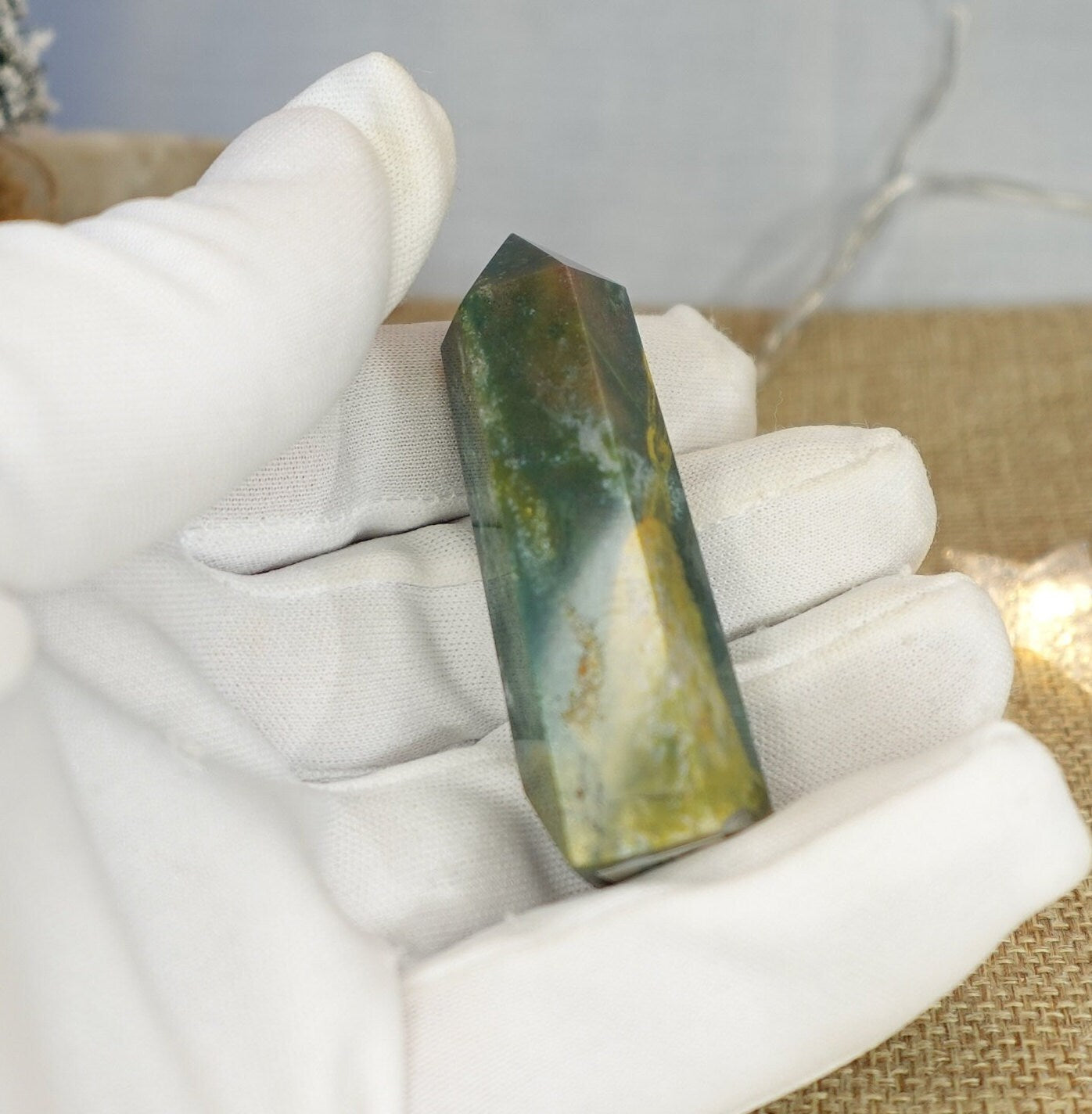 Sea Jasper Natural Carved Tower Polished Crystal Faced Wand Anxiety and Stress Relief Distraction from Worry Christmas Xmas Home Decor Tarot