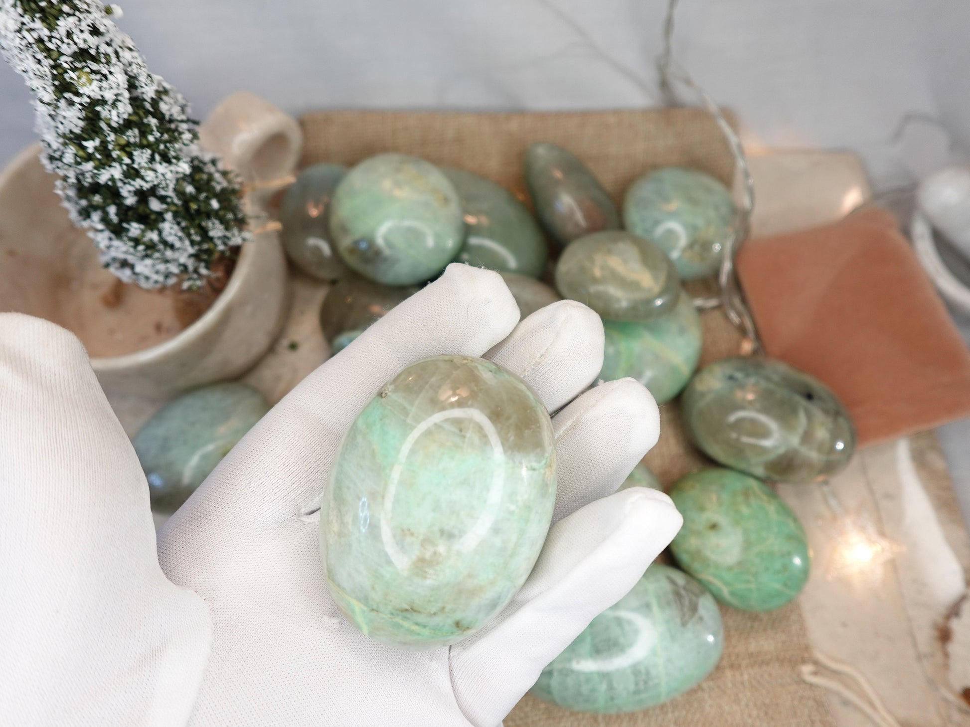 Green Moonstone Natural Full Sized Palm Stone Smooth Polished Carved Crystal for Home Decor Birthday Christmas Xmas Gift Pocket Anxiety