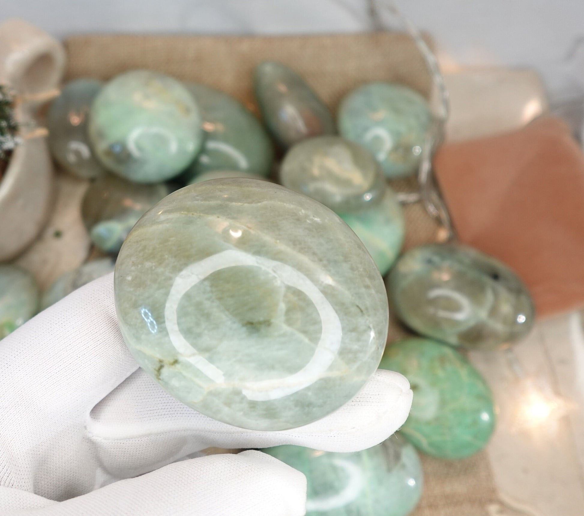 Green Moonstone Natural Full Sized Palm Stone Smooth Polished Carved Crystal for Home Decor Birthday Christmas Xmas Gift Pocket Anxiety