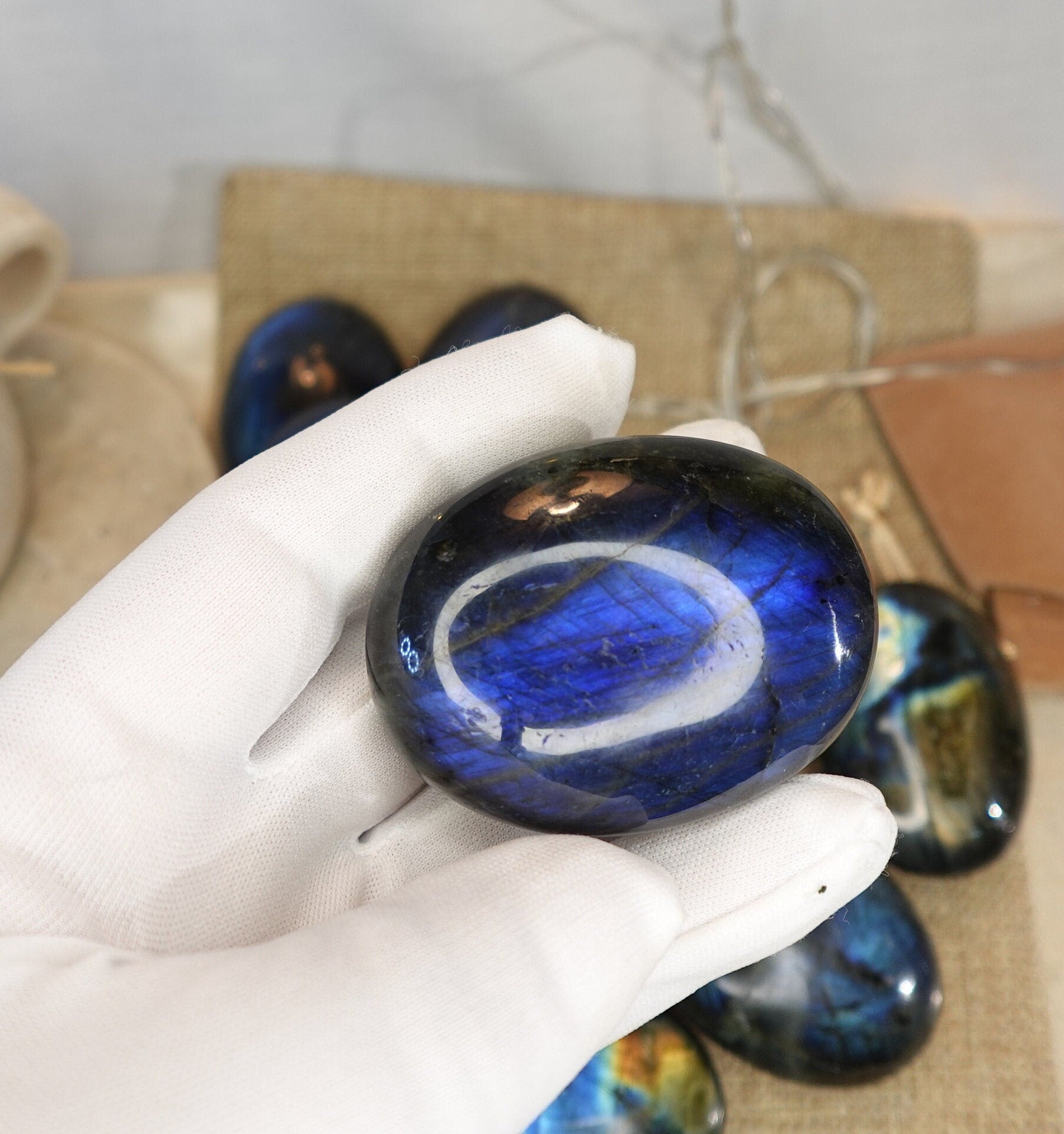 Labradorite Natural Palm Stone Smooth Polished Carved Crystal for Distraction