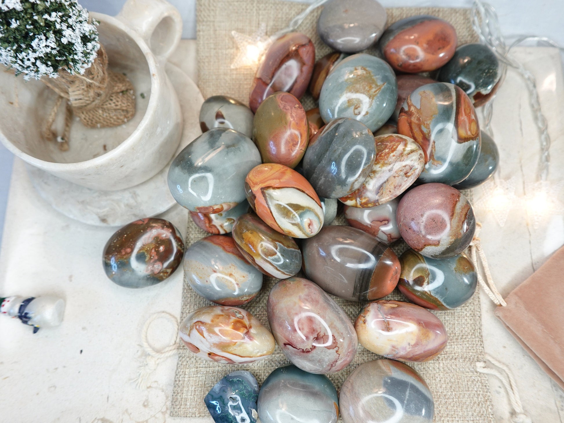 Polychrome Jasper Natural Palm Stone Smooth Polished Carved Crystal for Home Decor Christmas Xmas Gift Garden Calm Anxiety Meditation