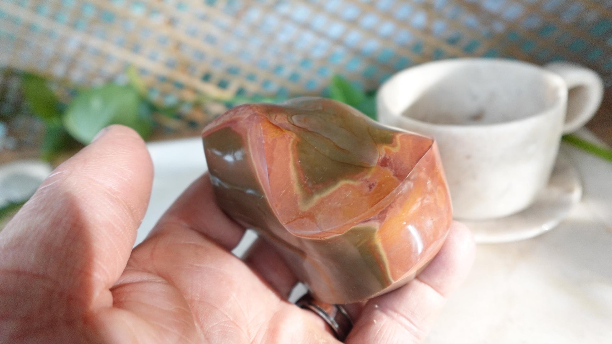 13.5oz Polychrome Jasper Polished Carved Flame Natural Crystal Home Decor Anxiety Stress Relief Christmas Xmas Decor Paperweight Desk