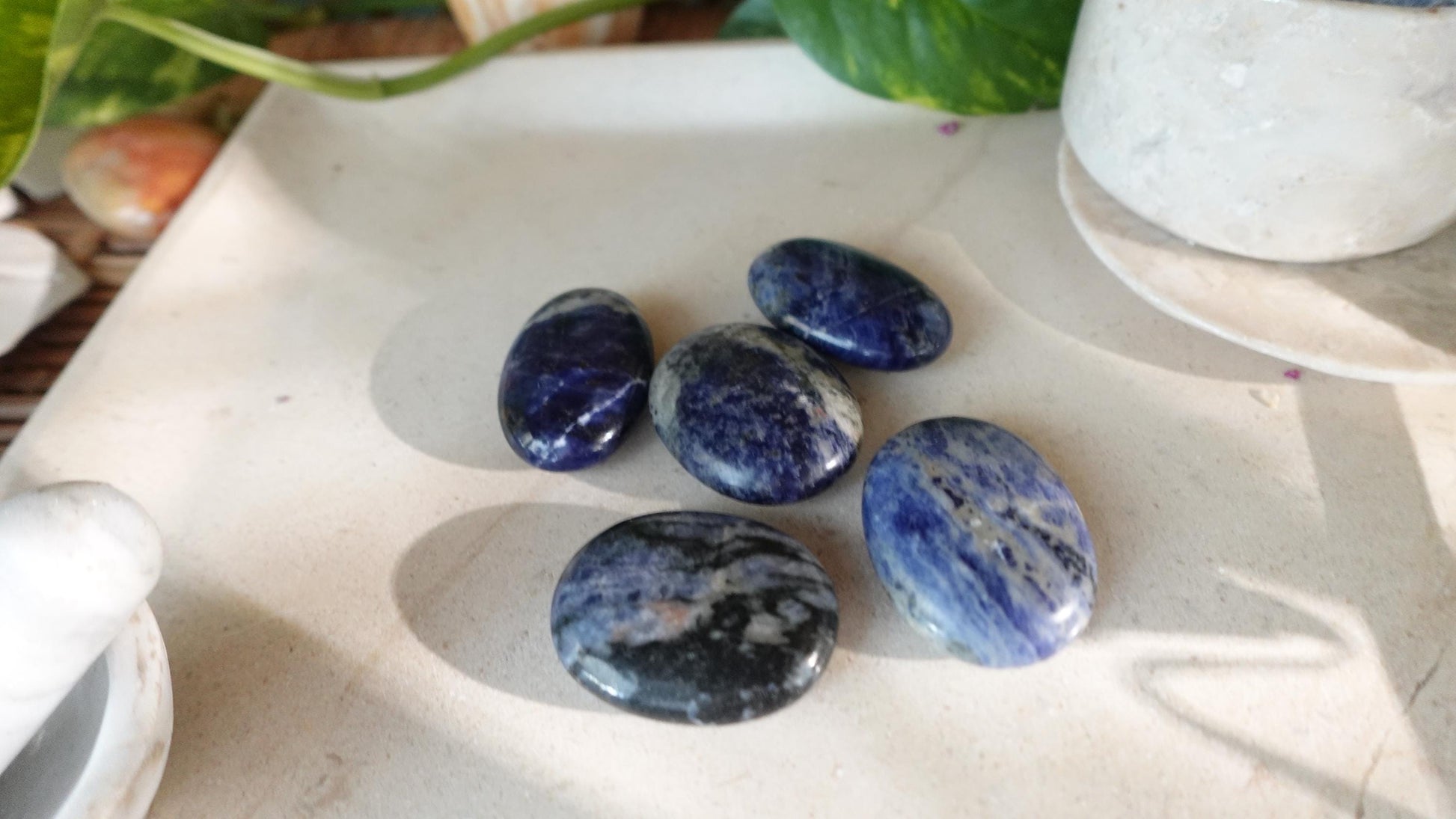 Blue Sodalite Natural Medium Palm Stone Smooth Polished Carved Crystal for Distraction Anxiety Christmas Xmas Birthday Gift Worry Anxiety