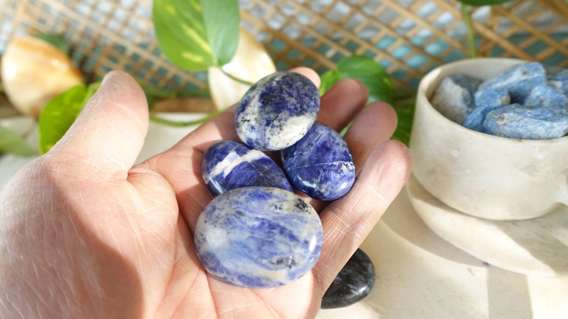 Blue Sodalite Natural Medium Palm Stone Smooth Polished Carved Crystal for Distraction Anxiety Christmas Xmas Birthday Gift Worry Anxiety