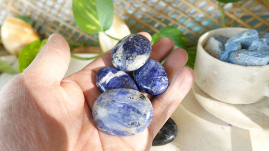 Blue Sodalite Natural Medium Palm Stone Smooth Polished Carved Crystal for Distraction Anxiety Christmas Xmas Birthday Gift Worry Anxiety