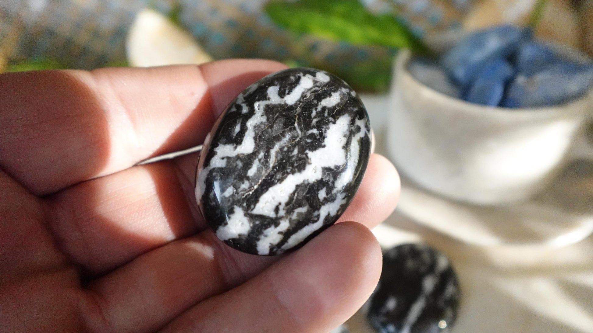 Zebra Rock Natural Medium Palm Stone Smooth Polished Carved Crystal for Distraction Christmas Holiday Decor Birthday Gift Anxiety Worry