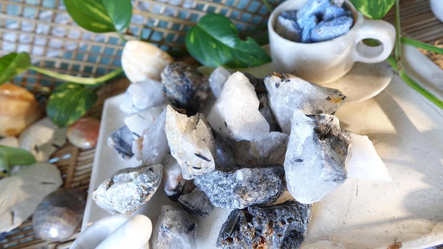 Raw Black Rutile Quartz Stones: Untreated Minerals for Arts & Decor