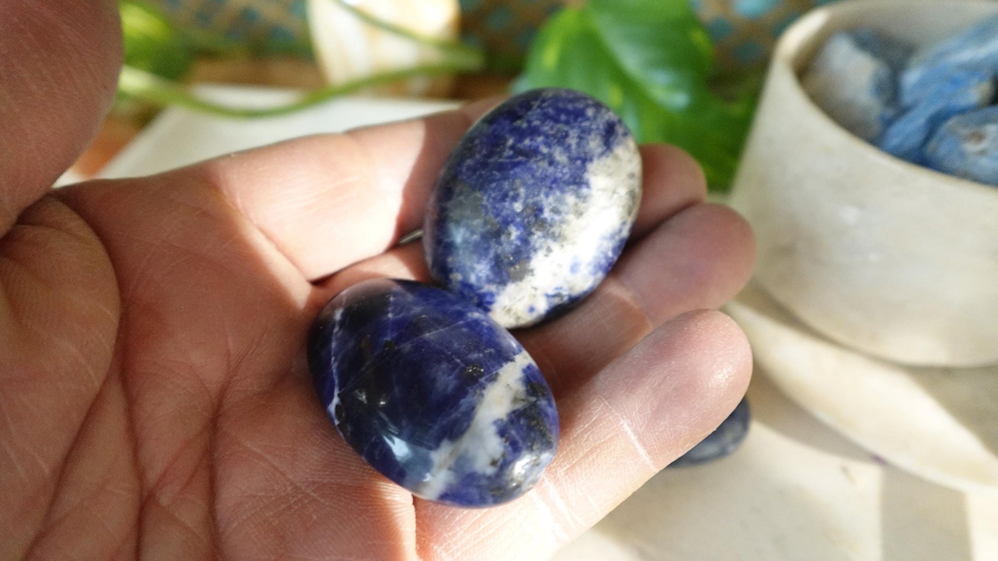 Blue Sodalite Natural Medium Palm Stone Smooth Polished Carved Crystal for Distraction Anxiety Christmas Xmas Birthday Gift Worry Anxiety
