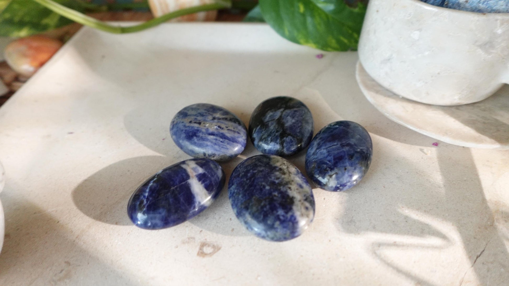 Blue Sodalite Natural Medium Palm Stone Smooth Polished Carved Crystal for Distraction Anxiety Christmas Xmas Birthday Gift Worry Anxiety
