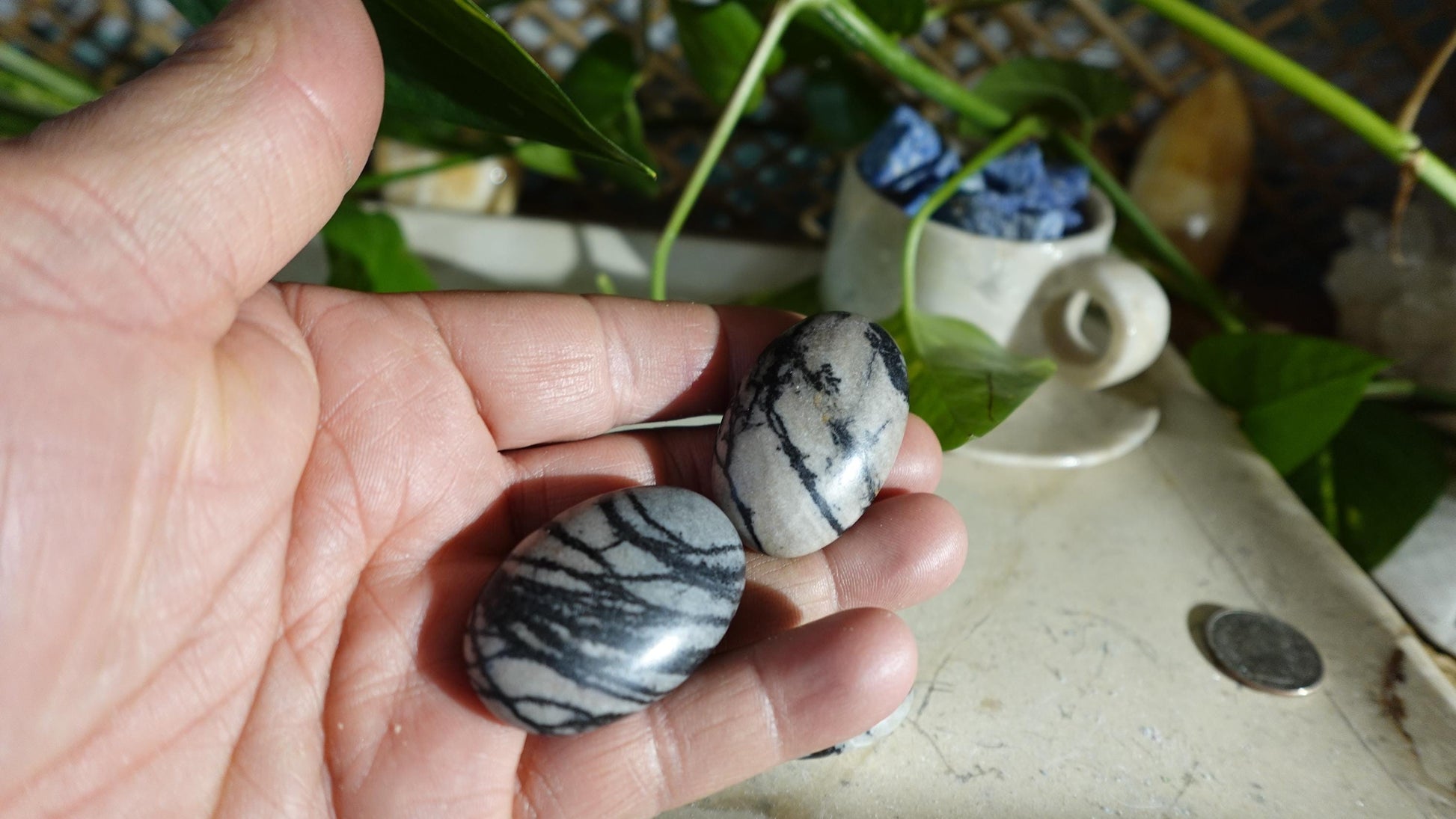 Spiderweb Jasper Medium Natural Palm Stone Smooth Polished Carved Crystal Home Decor Christmas Xmas Gift Anxiety Worry Birthday Pocket Worry