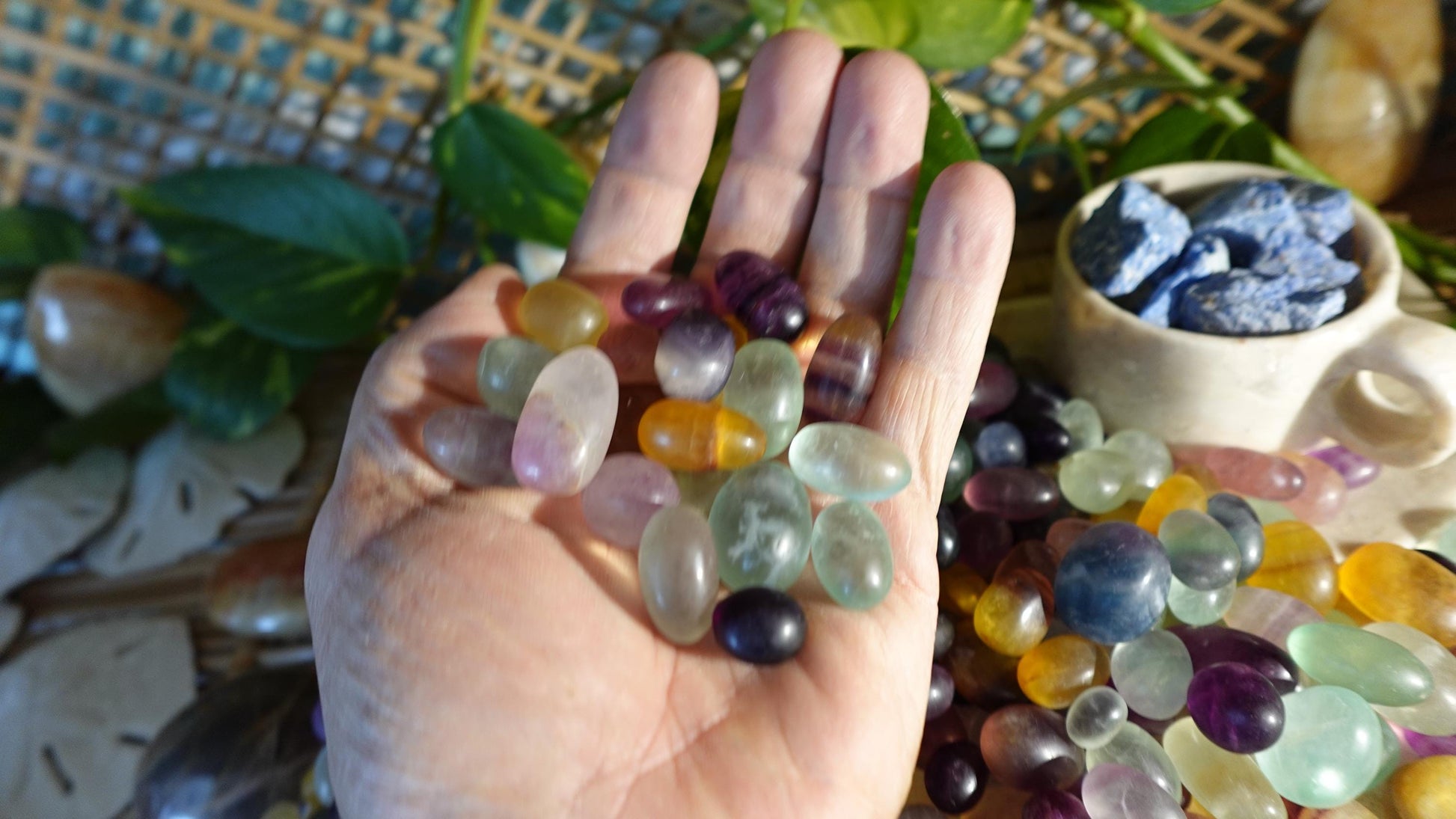 Rainbow and Candy Fluorite Natural Tumble Stones Smooth Polished Carved Crystal for Distraction Anxiety or Worry Home Decor Holiday Xmas