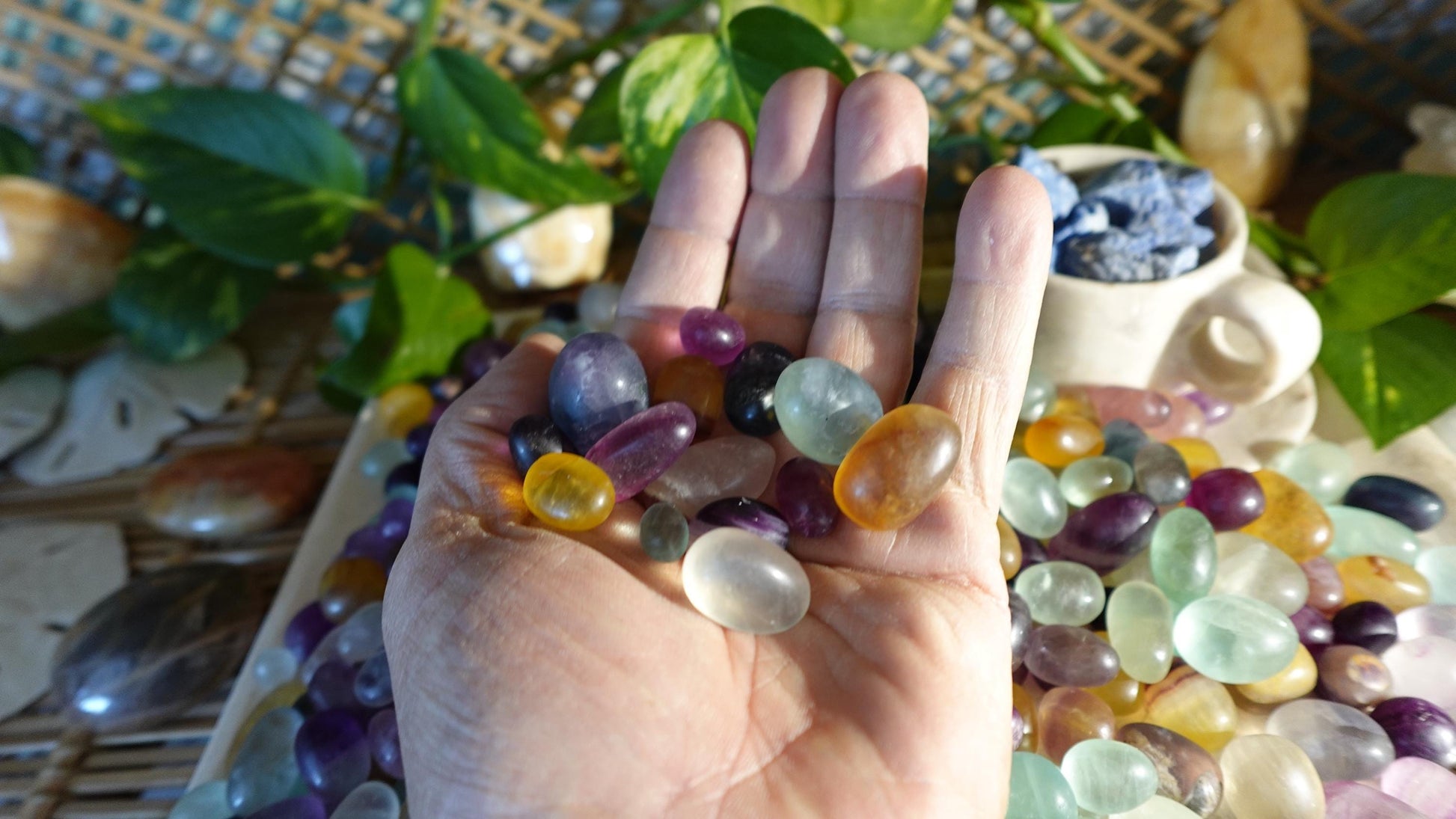 Rainbow and Candy Fluorite Natural Tumble Stones Smooth Polished Carved Crystal for Distraction Anxiety or Worry Home Decor Holiday Xmas