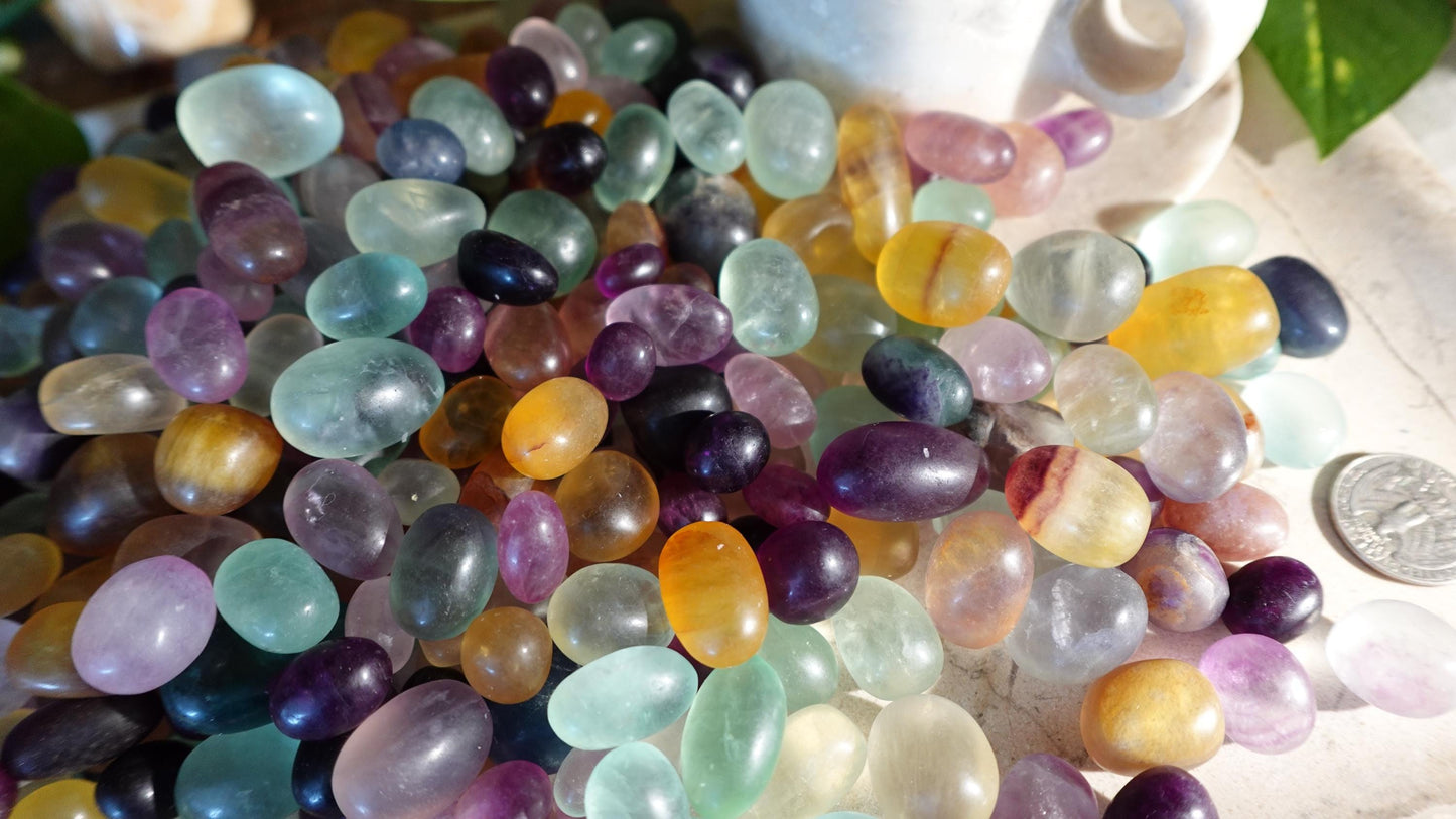 Rainbow and Candy Fluorite Natural Tumble Stones Smooth Polished Carved Crystal for Distraction Anxiety or Worry Home Decor Holiday Xmas