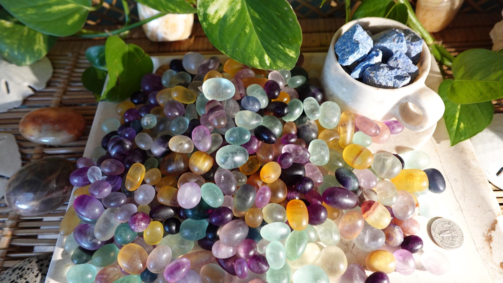 Rainbow and Candy Fluorite Natural Tumble Stones Smooth Polished Carved Crystal for Distraction Anxiety or Worry Home Decor Holiday Xmas