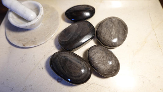 Silver Obsidian Natural Palm Stone Smooth Polished Carved Crystal for anxiety pocket relief gift Birthday Xmas Meditation Scrying