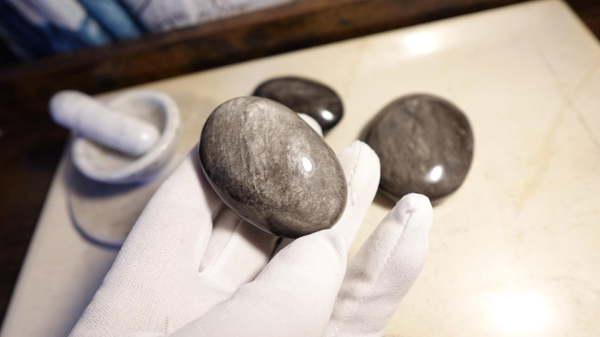 Silver Obsidian Natural Palm Stone Smooth Polished Carved Crystal for anxiety pocket relief gift Birthday Xmas Meditation Scrying
