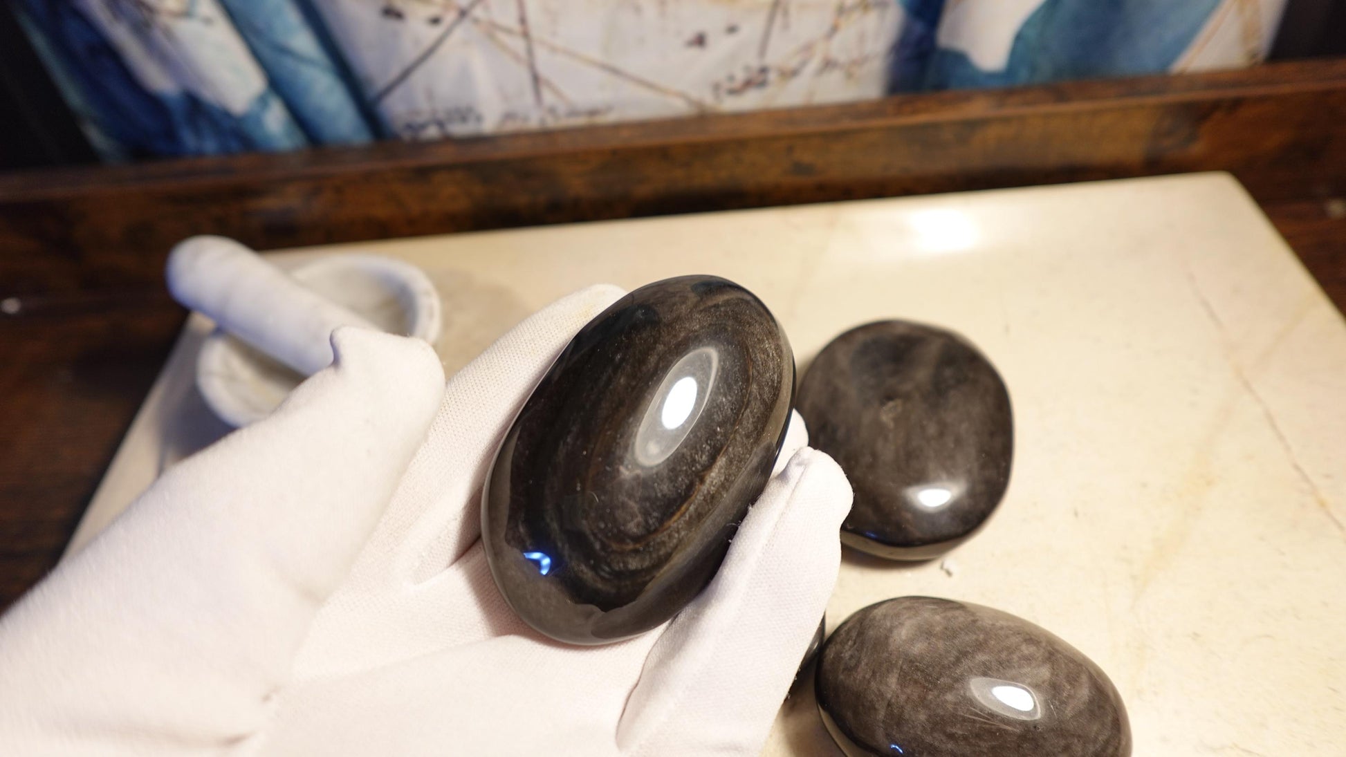Silver Obsidian Natural Palm Stone Smooth Polished Carved Crystal for anxiety pocket relief gift Birthday Xmas Meditation Scrying