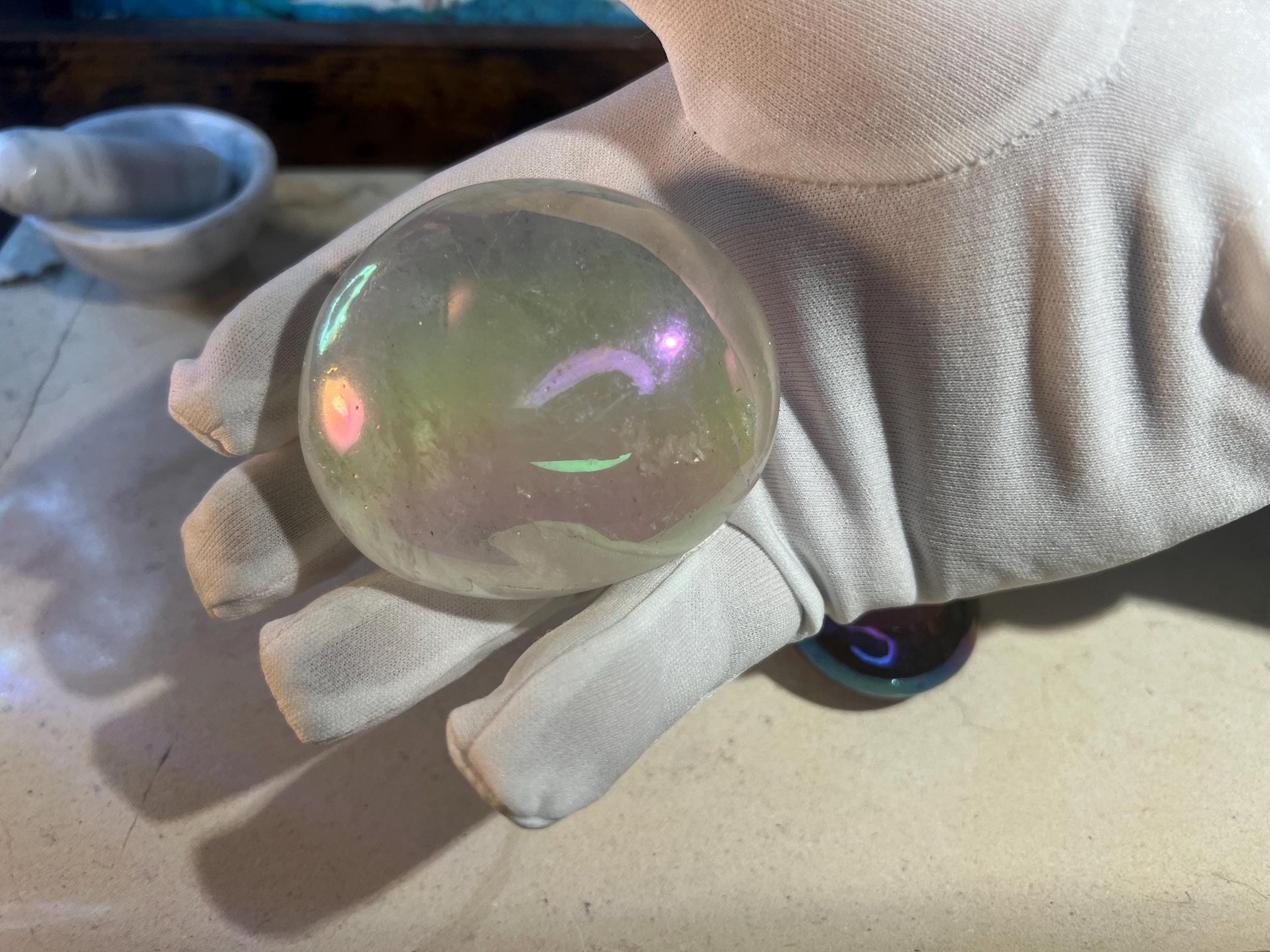 Angel Aura Clear Quartz Natural Palm Stone Smooth Polished Carved Crystal for Distraction from Anxiety or Worry Home Decor Holiday Xmas