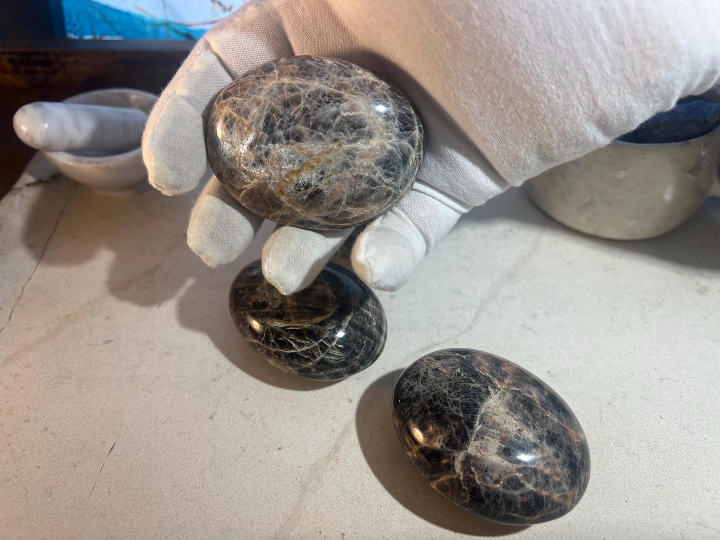 Black Moonstone Natural Full Sized Palm Stone Smooth Polished Carved Crystal for Home Decor Birthday Christmas Xmas Gift Pocket Anxiety
