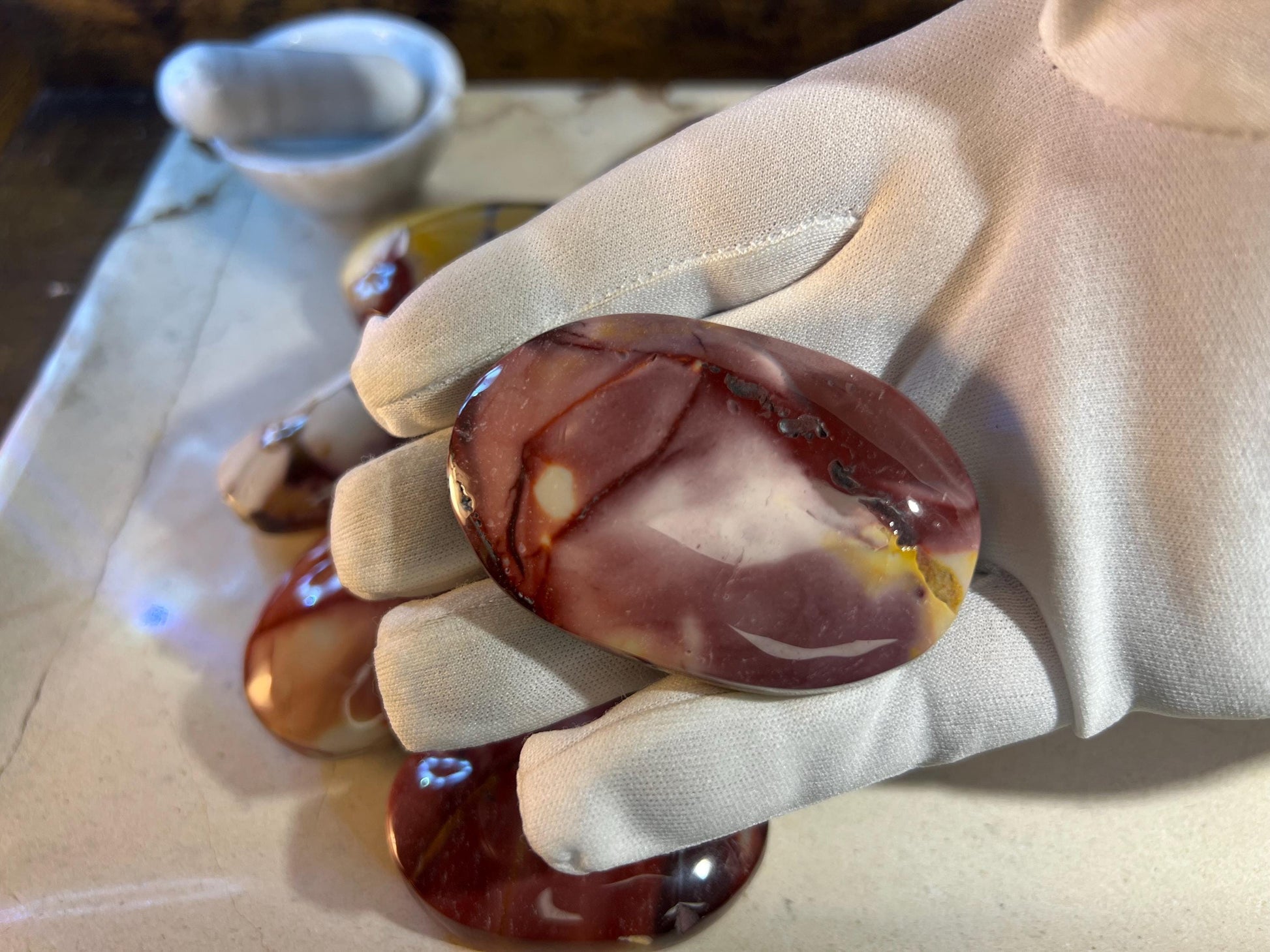 Stunning Mookaite Jasper Natural Palm Stone Smooth Polished Carved Crystal for Christmas Xmas Decor gift Anxiety Worry Christmas Birthday