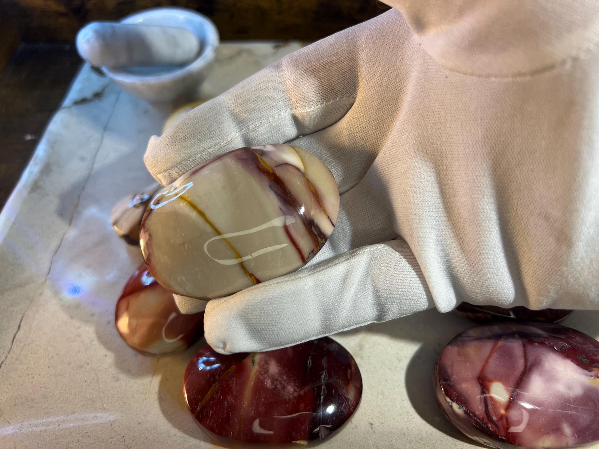 Stunning Mookaite Jasper Natural Palm Stone Smooth Polished Carved Crystal for Christmas Xmas Decor gift Anxiety Worry Christmas Birthday