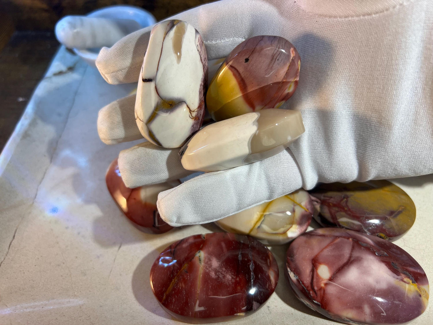 Stunning Mookaite Jasper Natural Palm Stone Smooth Polished Carved Crystal for Christmas Xmas Decor gift Anxiety Worry Christmas Birthday