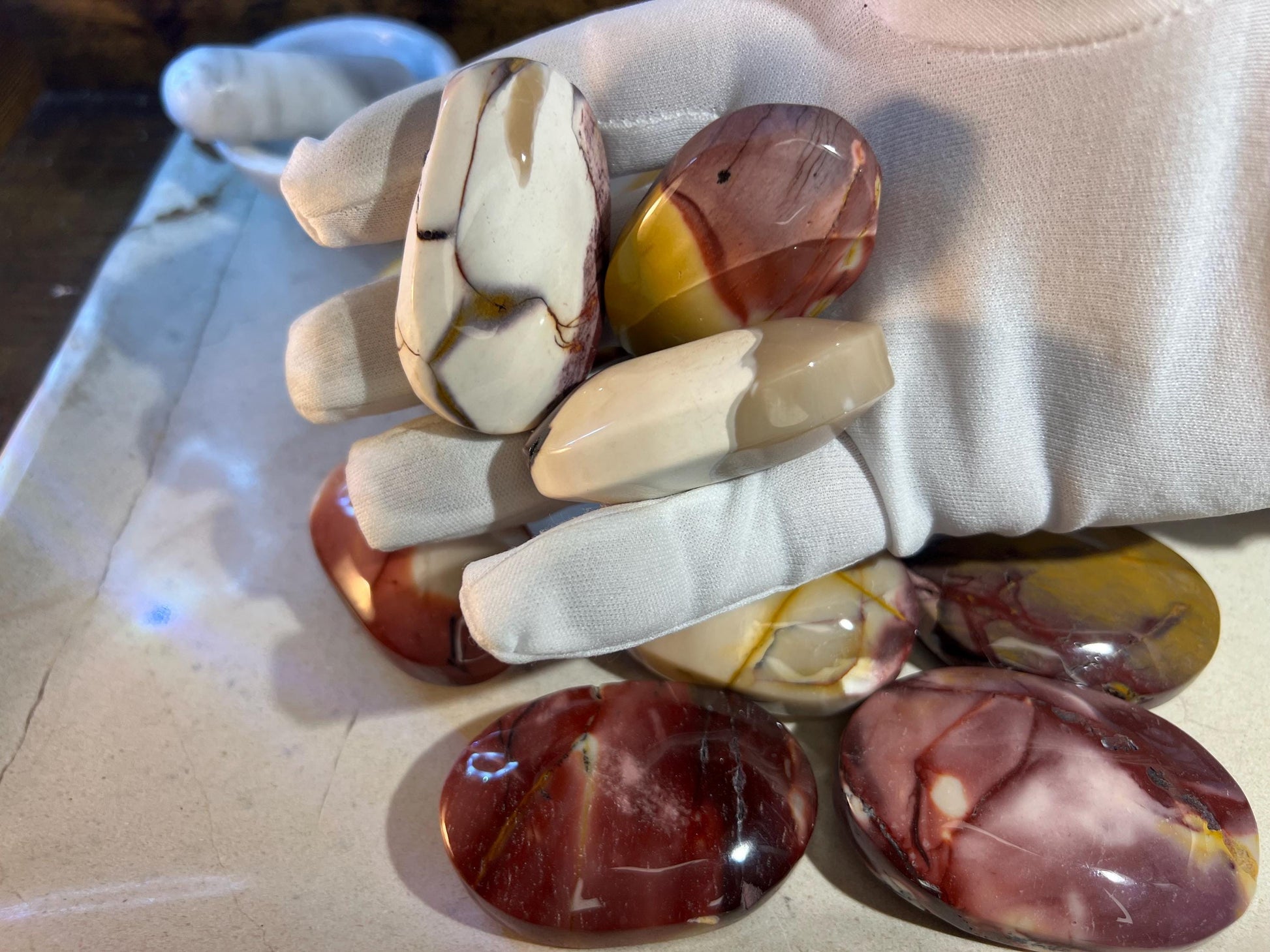 Stunning Mookaite Jasper Natural Palm Stone Smooth Polished Carved Crystal for Christmas Xmas Decor gift Anxiety Worry Christmas Birthday