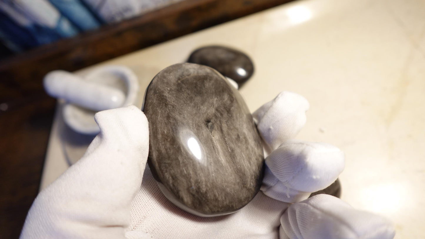 Silver Obsidian Natural Palm Stone Smooth Polished Carved Crystal for anxiety pocket relief gift Birthday Xmas Meditation Scrying