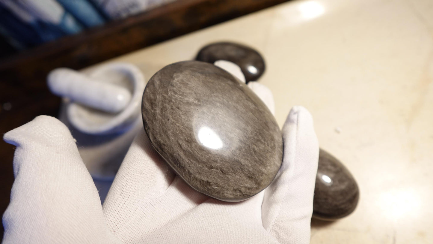 Silver Obsidian Natural Palm Stone Smooth Polished Carved Crystal for anxiety pocket relief gift Birthday Xmas Meditation Scrying