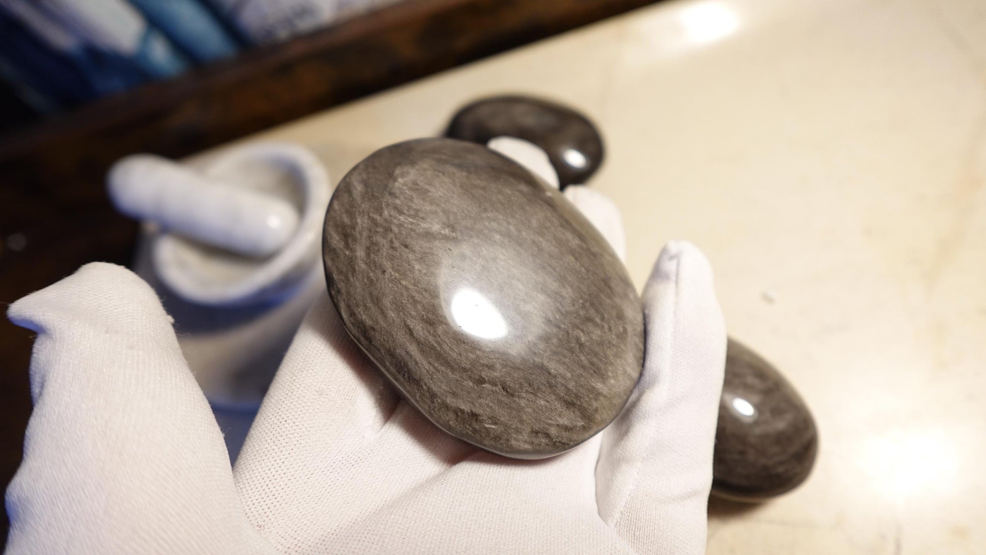 Silver Obsidian Natural Palm Stone Smooth Polished Carved Crystal for anxiety pocket relief gift Birthday Xmas Meditation Scrying